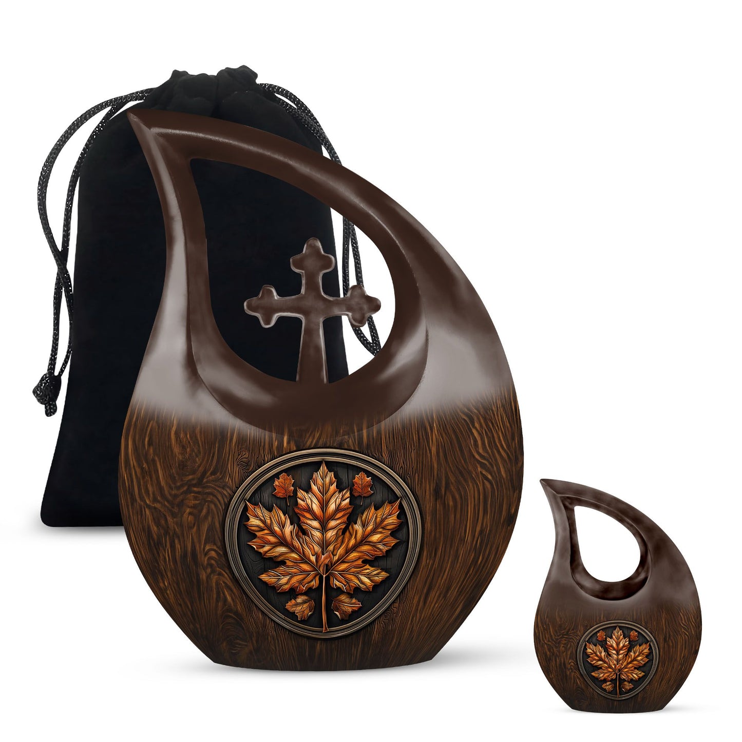 10 inch Mapple Leaf Urn with Cross Drop design, also a Cremation Vault