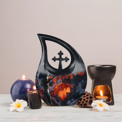 10-inch Mapple Leaf Urn with Cross Drop design 