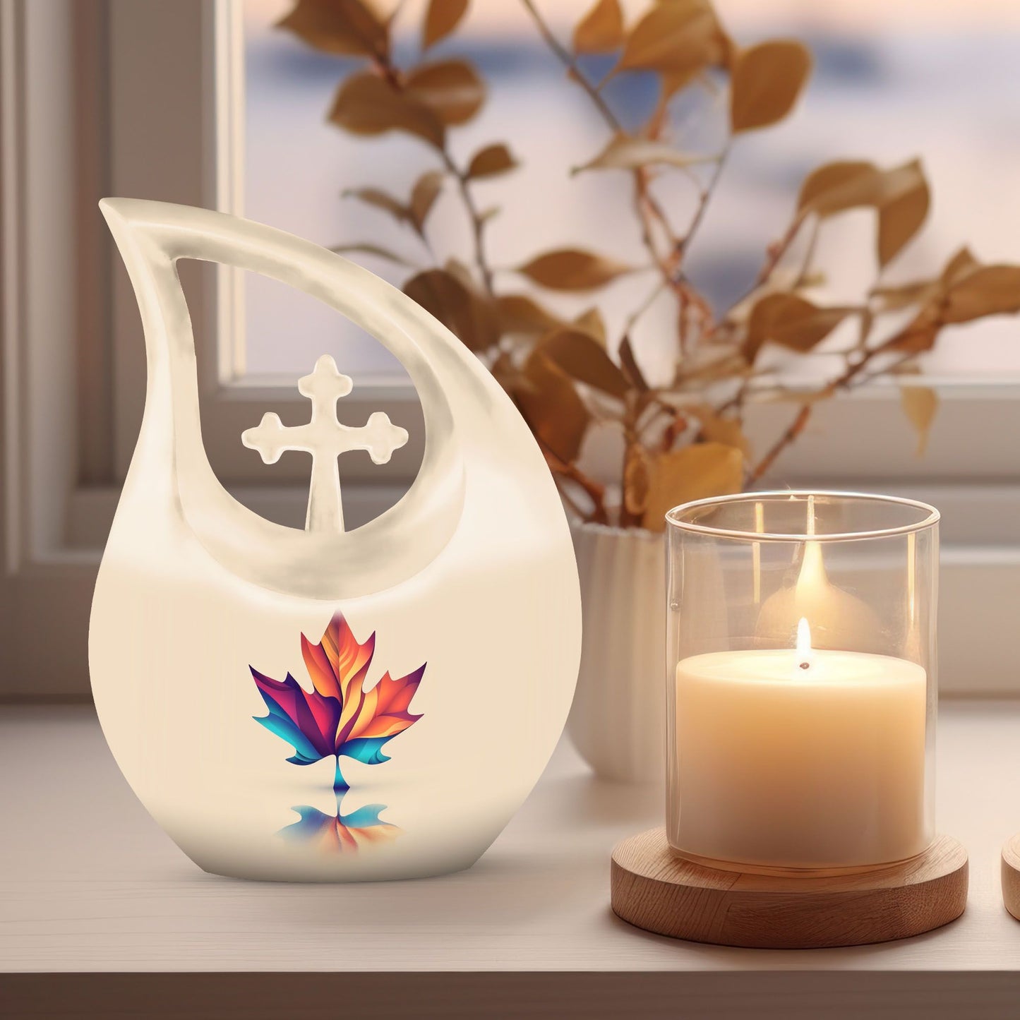 10-inch pink Mapple Leaf urn with Cross Drop design,