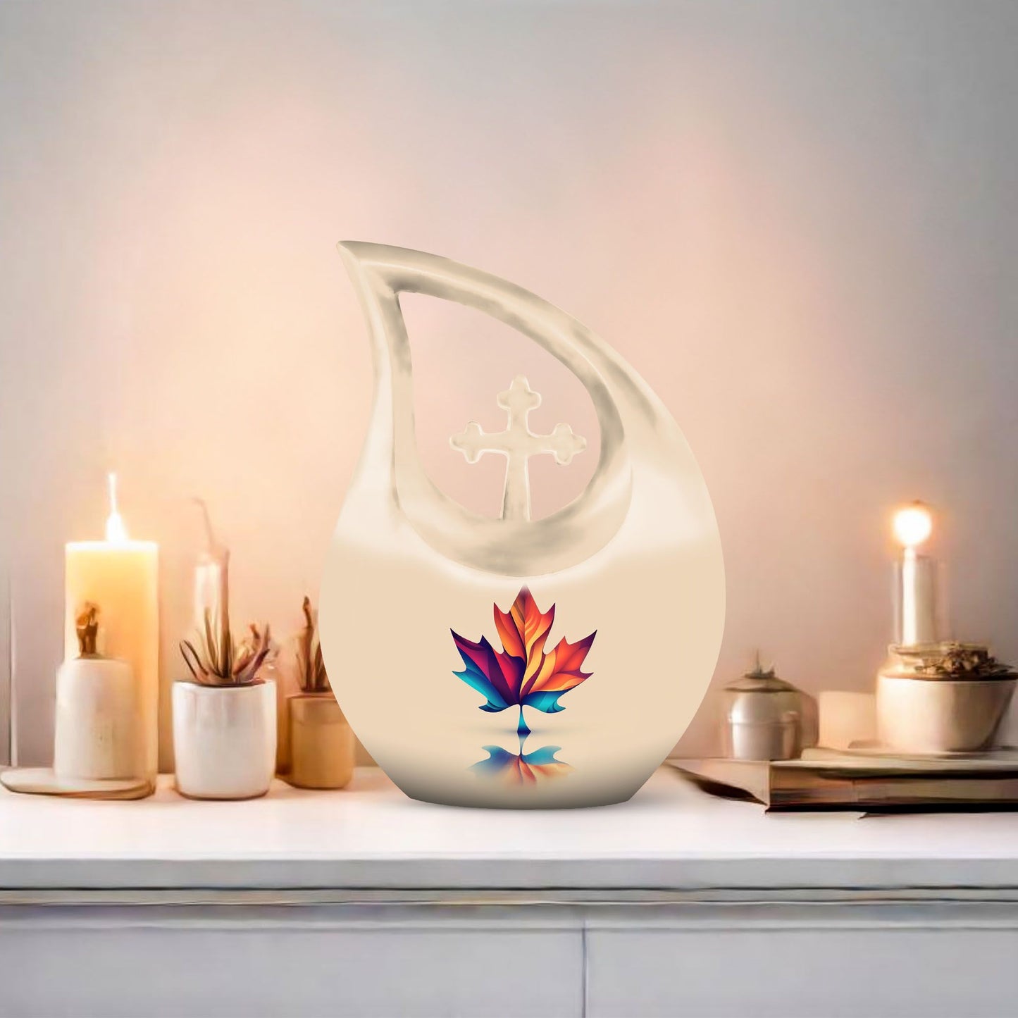 10-inch pink Mapple Leaf urn with Cross Drop design,