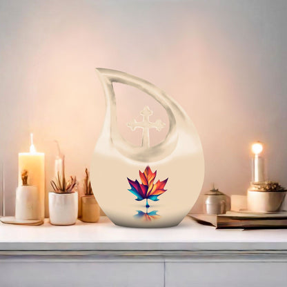 10-inch pink Mapple Leaf urn with Cross Drop design,
