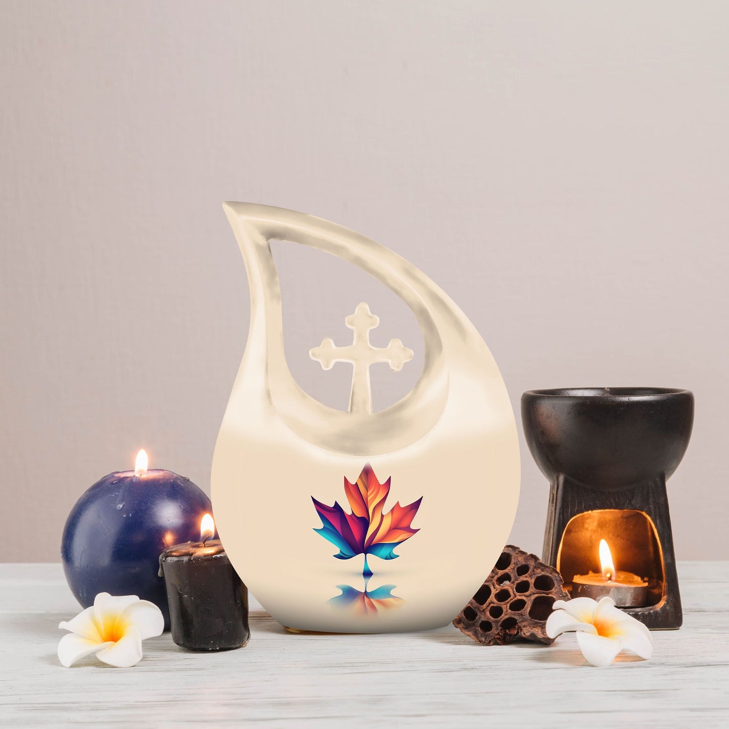 10-inch pink Mapple Leaf urn with Cross Drop design,