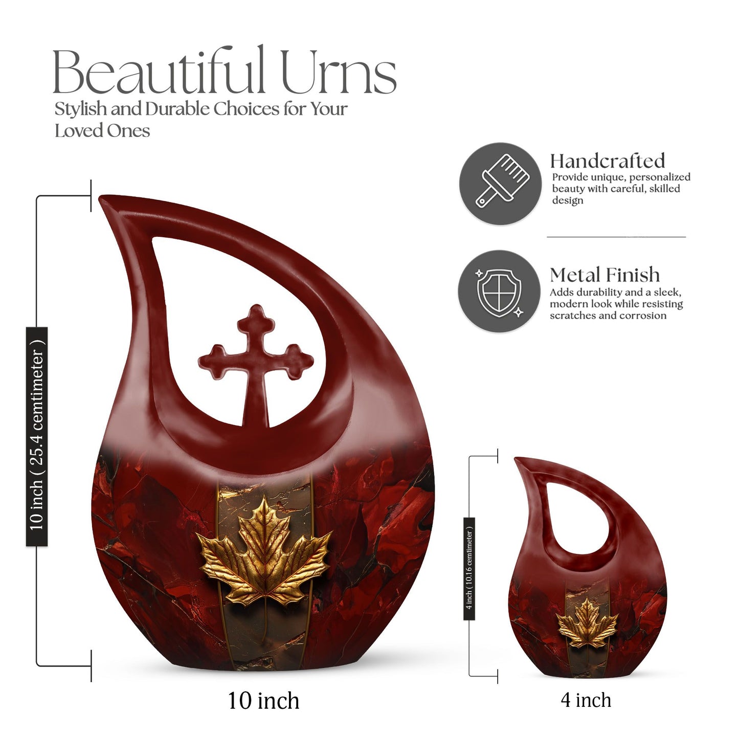 10-inch Mapple Leaf large urn with Cross Drop design for ash containment