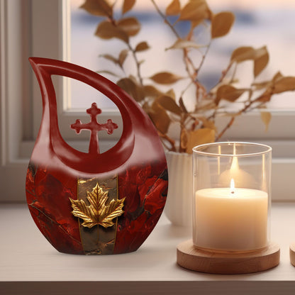 10-inch Mapple Leaf large urn with Cross Drop design for ash containment