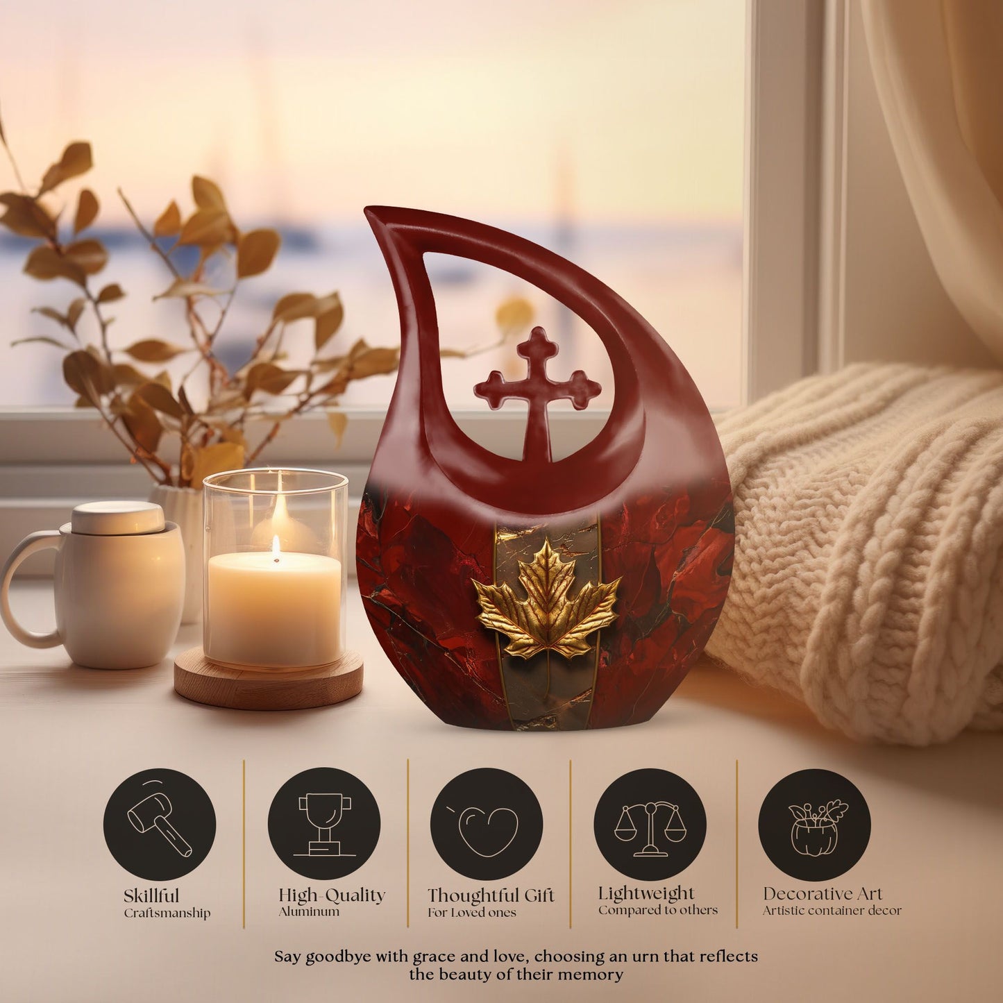 10-inch Mapple Leaf large urn with Cross Drop design for ash containment