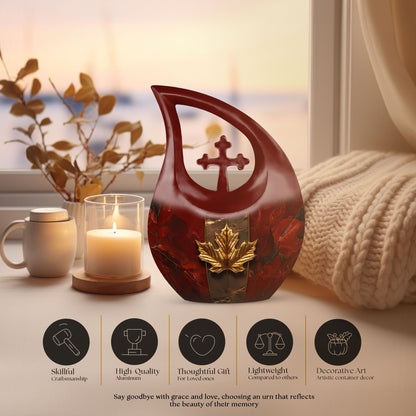 10-inch Mapple Leaf large urn with Cross Drop design for ash containment