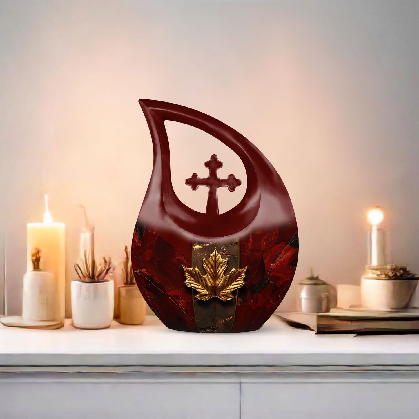 10-inch Mapple Leaf large urn with Cross Drop design for ash containment