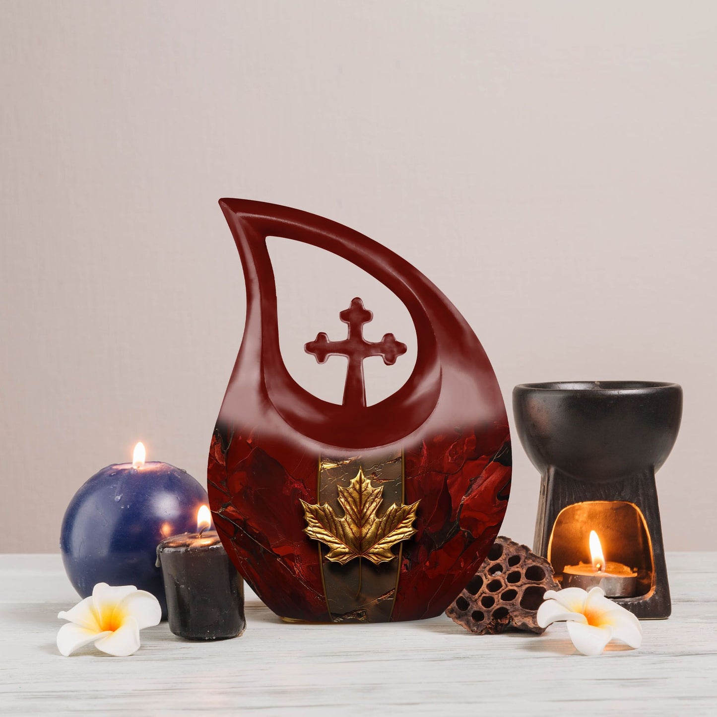 10-inch Mapple Leaf large urn with Cross Drop design for ash containment