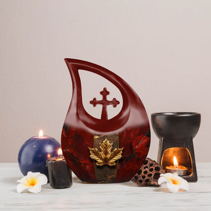 10-inch Mapple Leaf large urn with Cross Drop design for ash containment