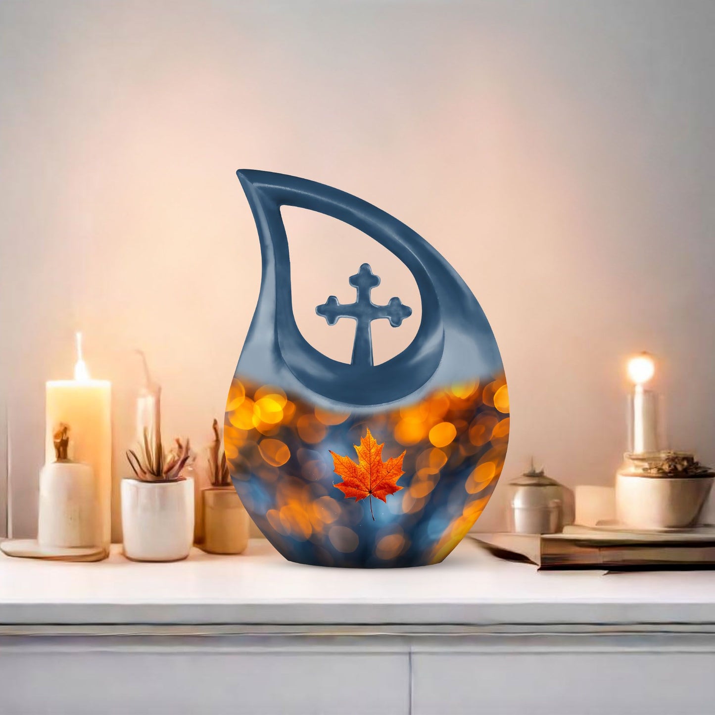 10 inch Mapple Leaf Urn, Modern Cross Drop design
