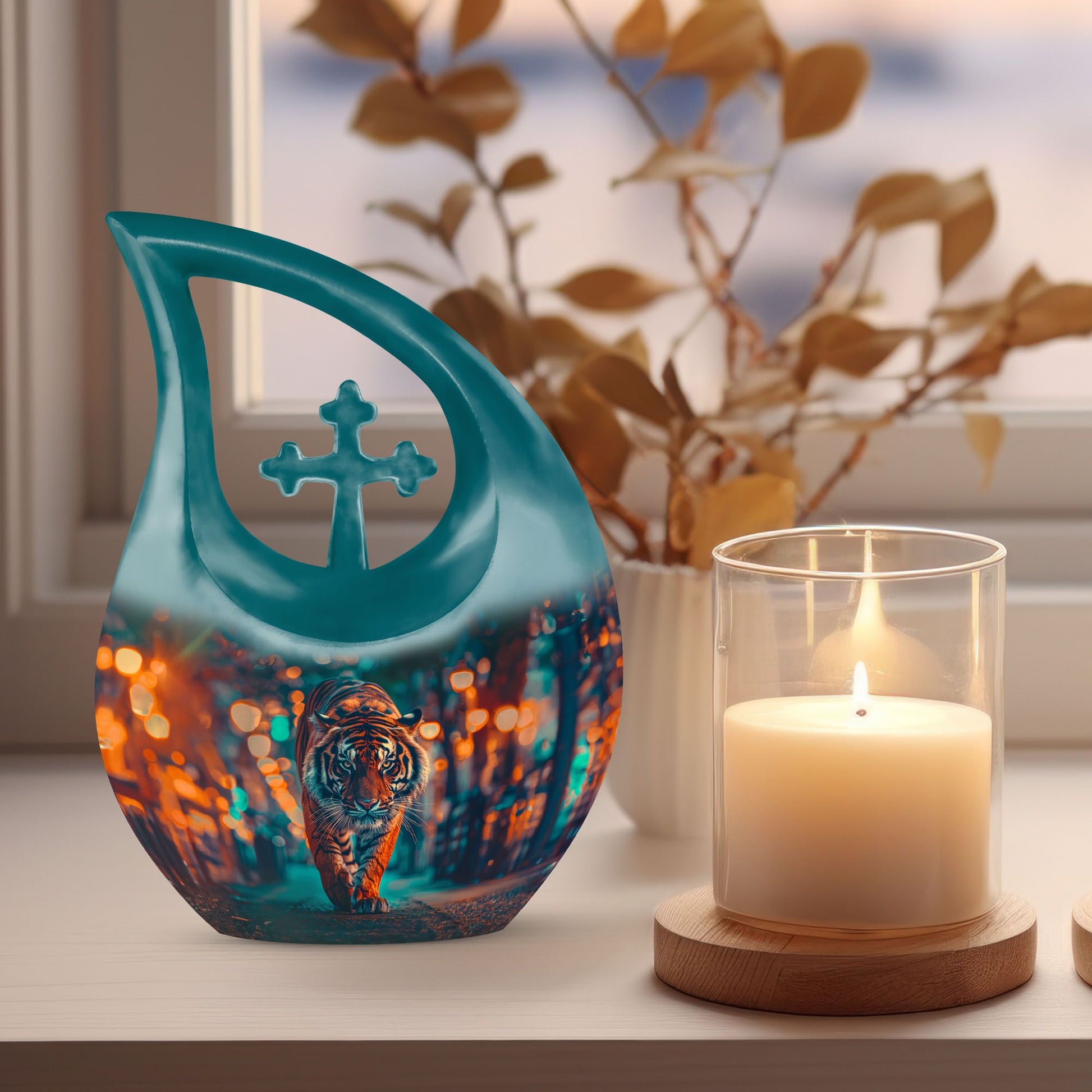 10 Inch Tiger themed Cross Drop Aluminium Urn 