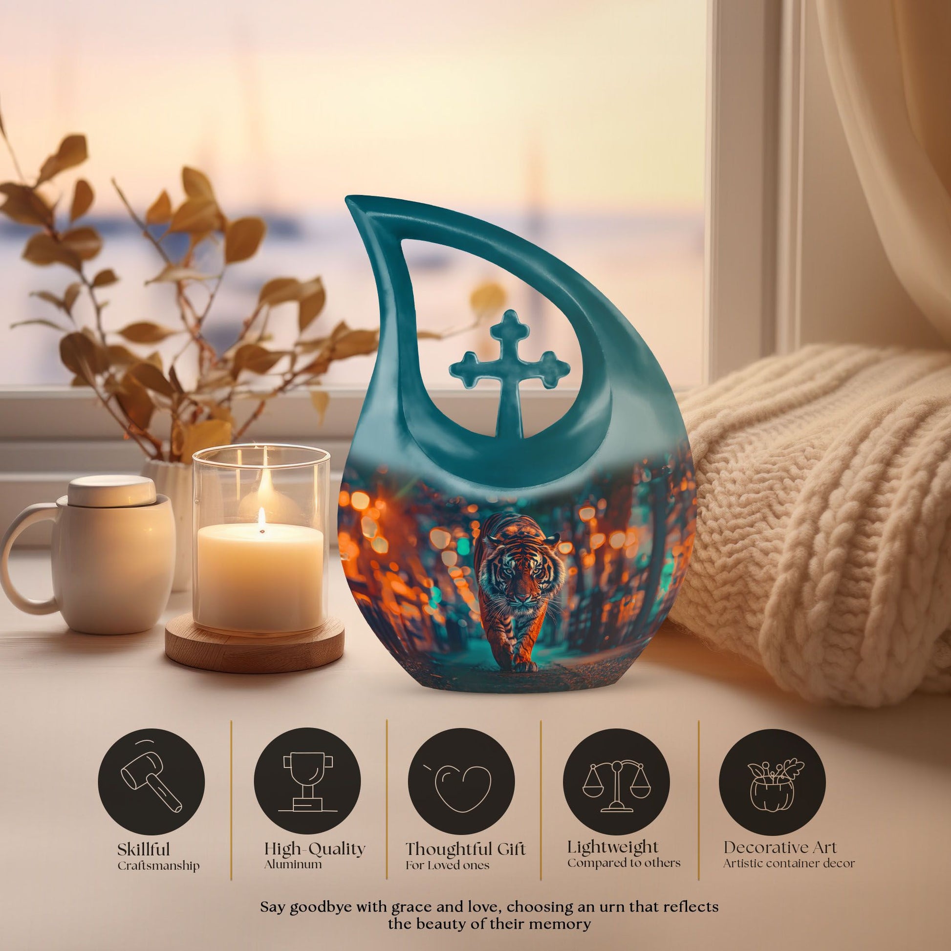 10 Inch Tiger themed Cross Drop Aluminium Urn 