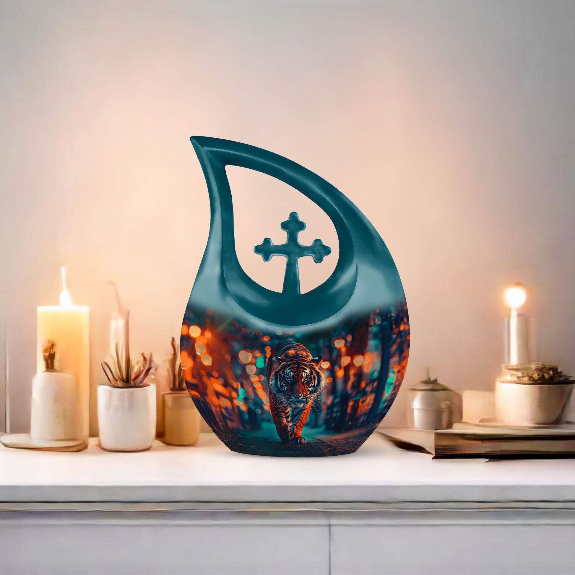 10 Inch Tiger themed Cross Drop Aluminium Urn 