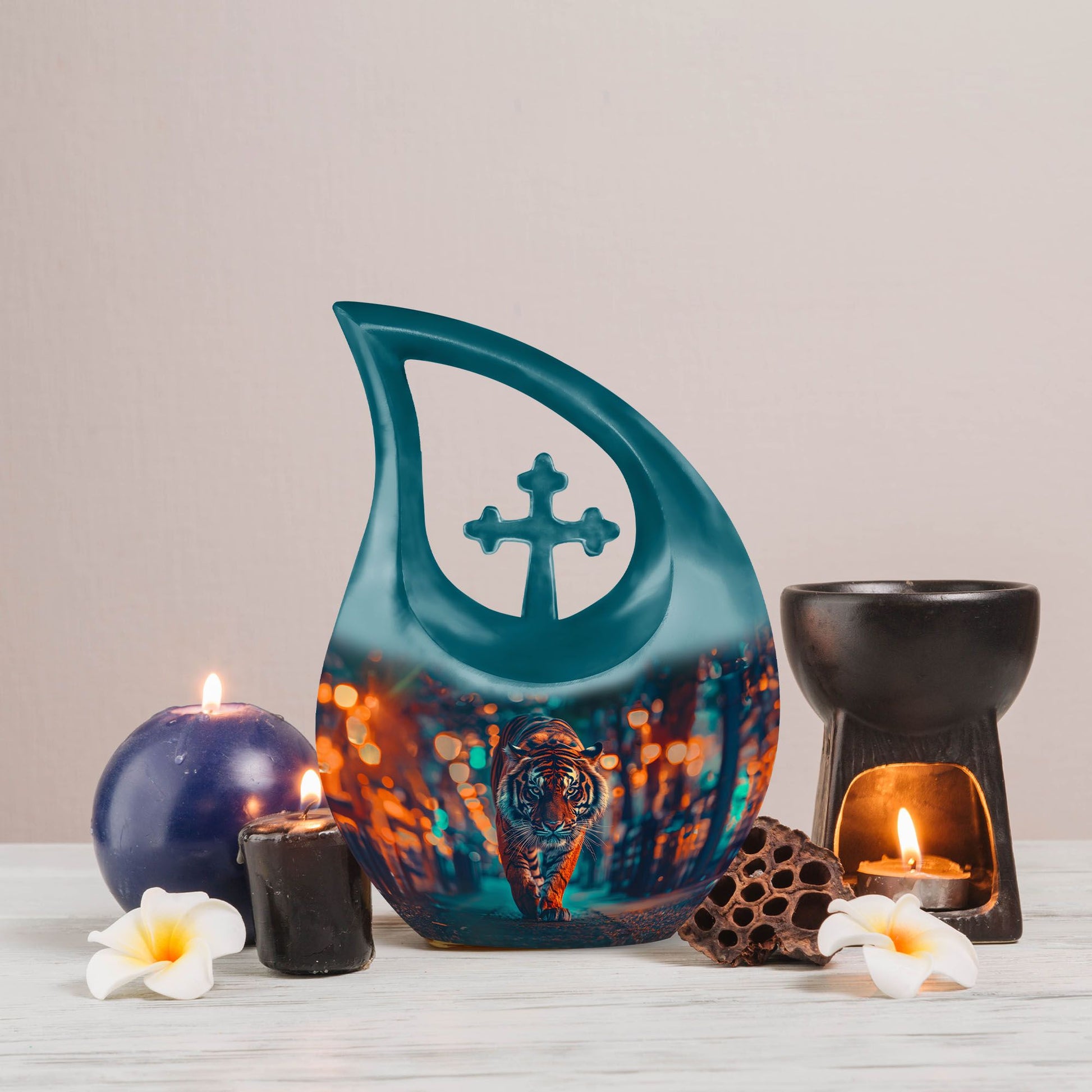 10 Inch Tiger themed Cross Drop Aluminium Urn 