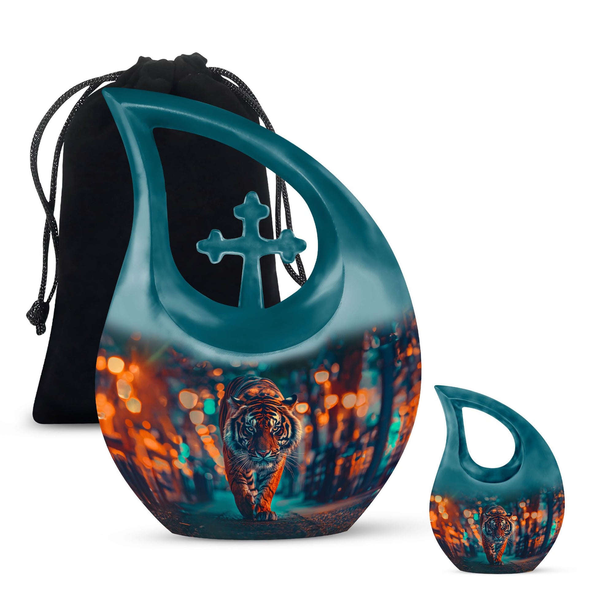 10 Inch Tiger themed Cross Drop Aluminium Urn 