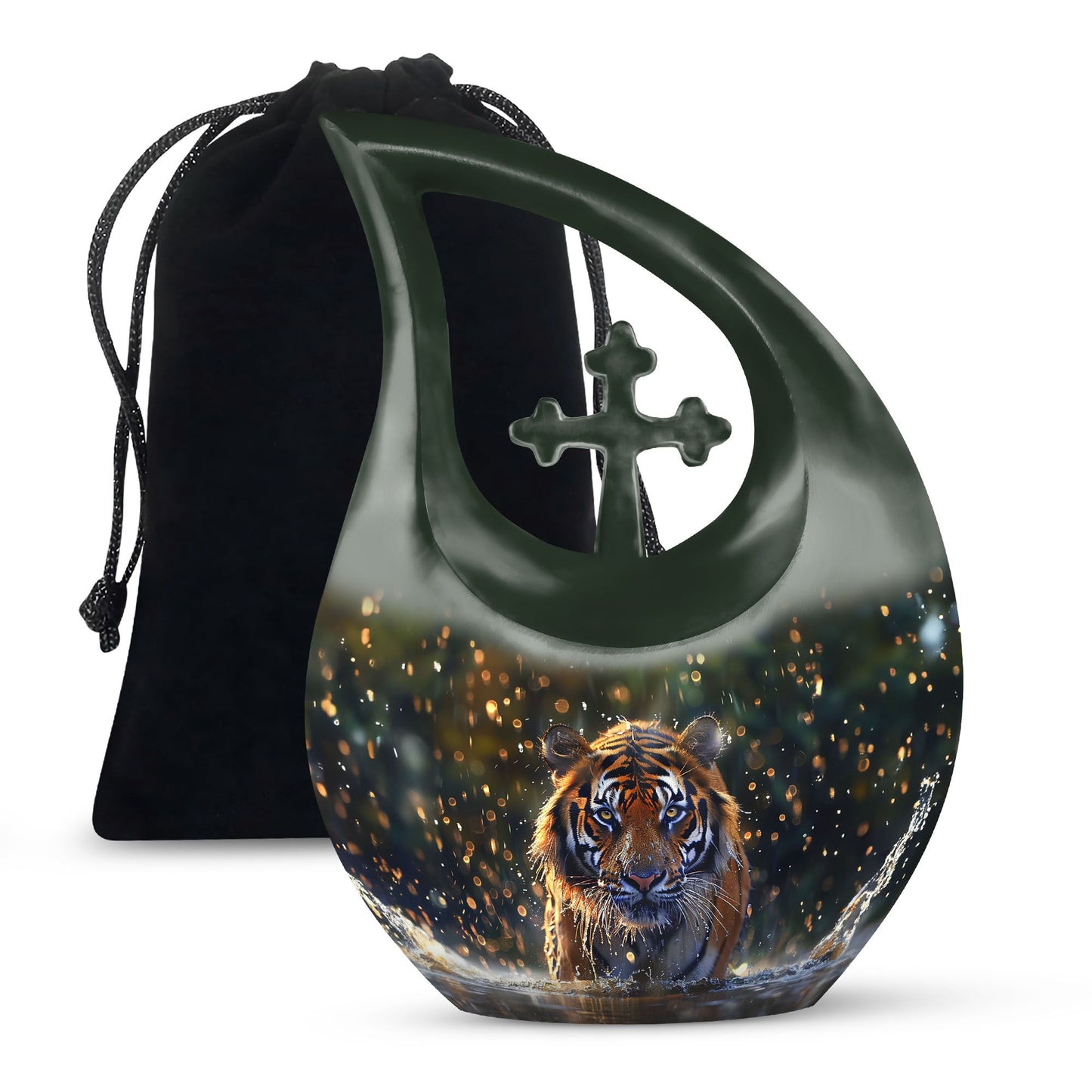 10 inch Tiger-themed Cross Drop memorial urn 
