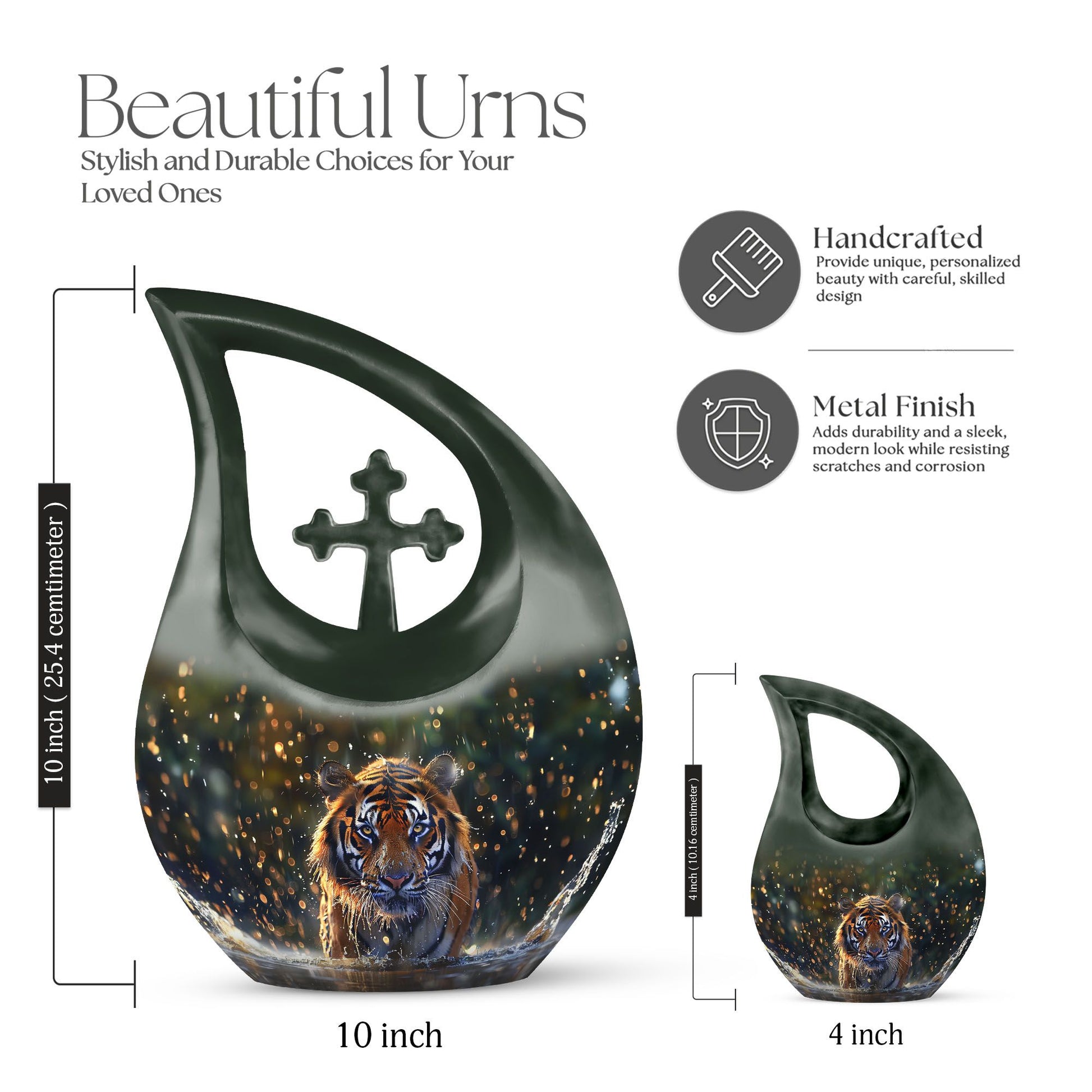 10 inch Tiger-themed Cross Drop memorial urn 
