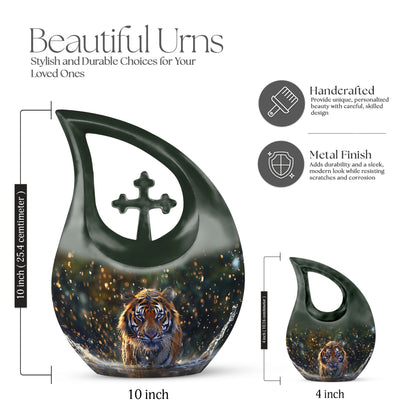 10 inch Tiger-themed Cross Drop memorial urn 