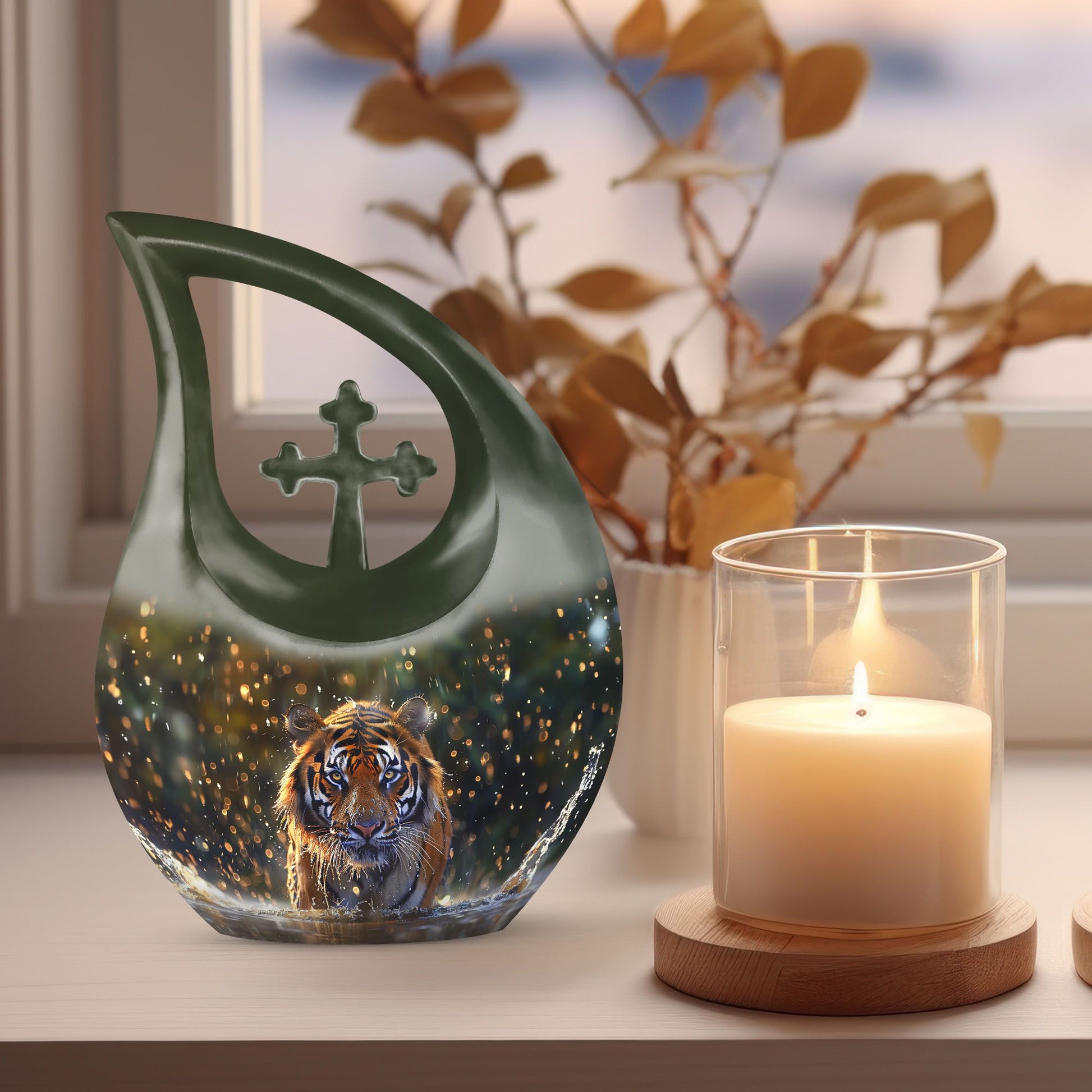 10 inch Tiger-themed Cross Drop memorial urn 