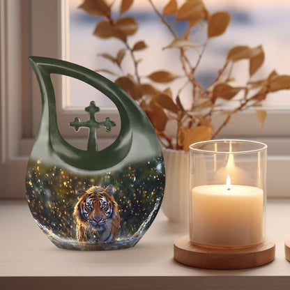 10 inch Tiger-themed Cross Drop memorial urn 