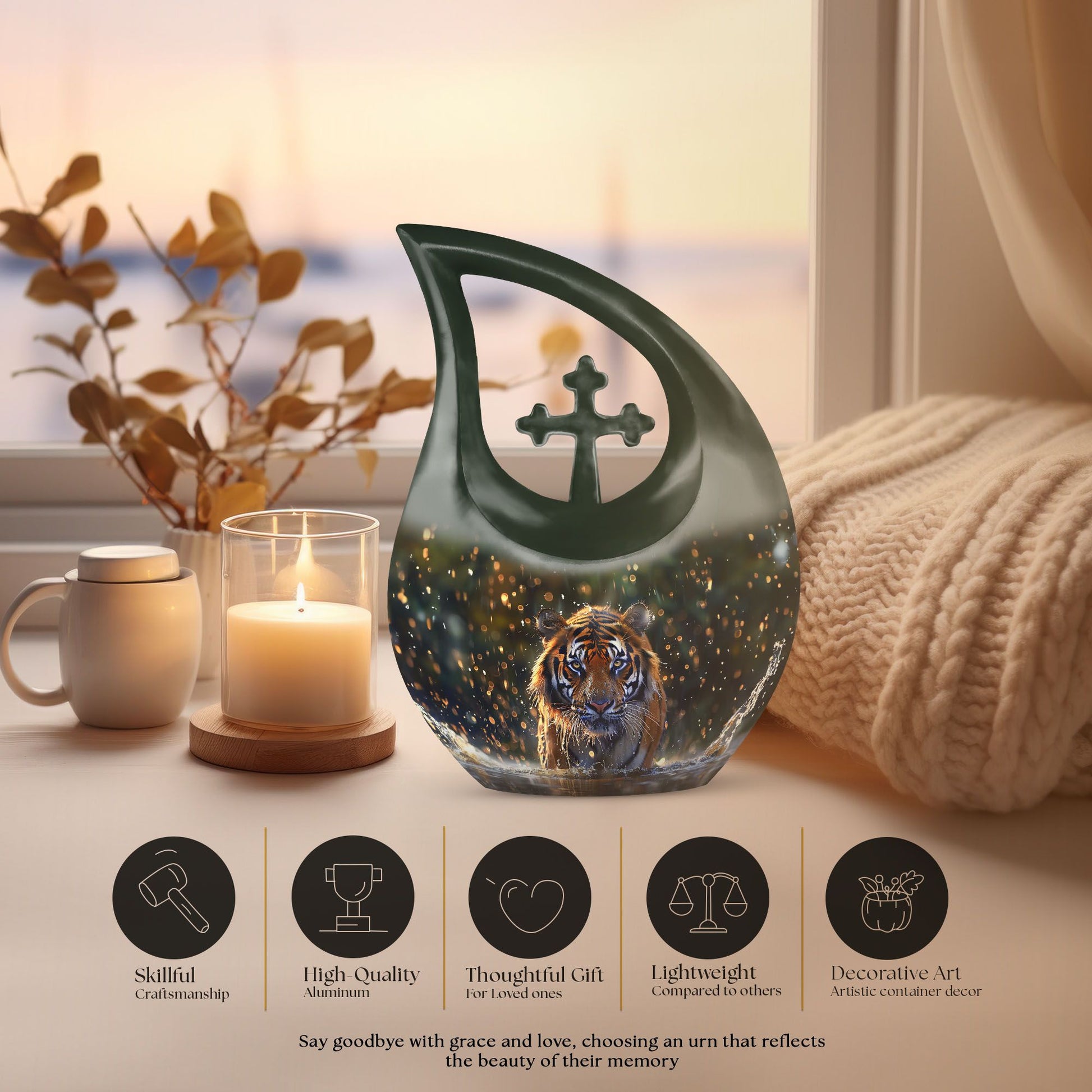 10 inch Tiger-themed Cross Drop memorial urn 