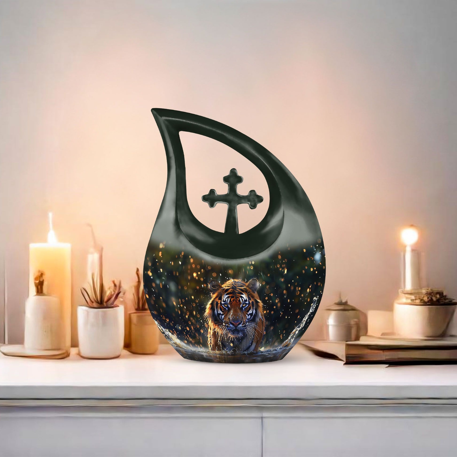 10 inch Tiger-themed Cross Drop memorial urn 