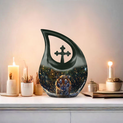 10 inch Tiger-themed Cross Drop memorial urn 