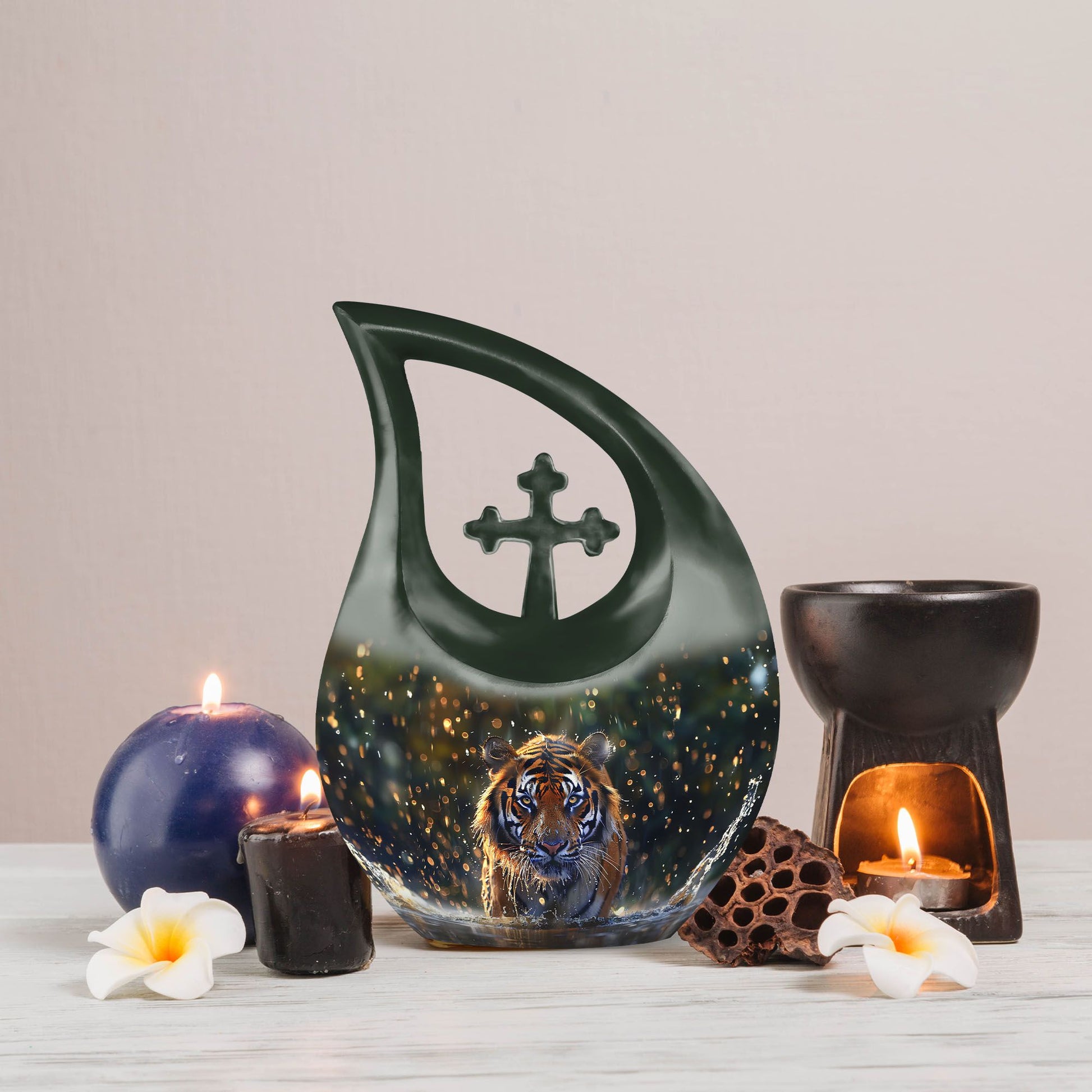 10 inch Tiger-themed Cross Drop memorial urn 