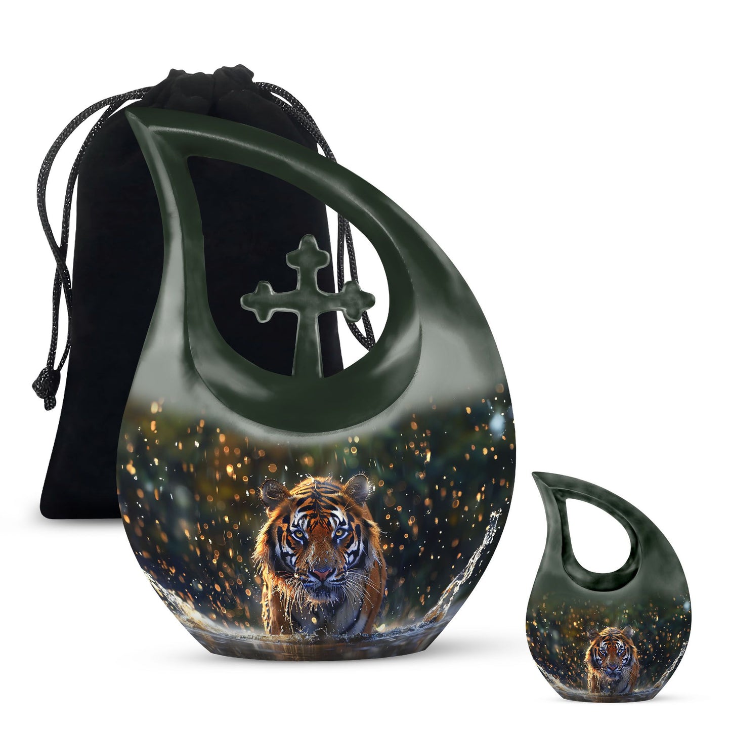 10 inch Tiger-themed Cross Drop memorial urn 