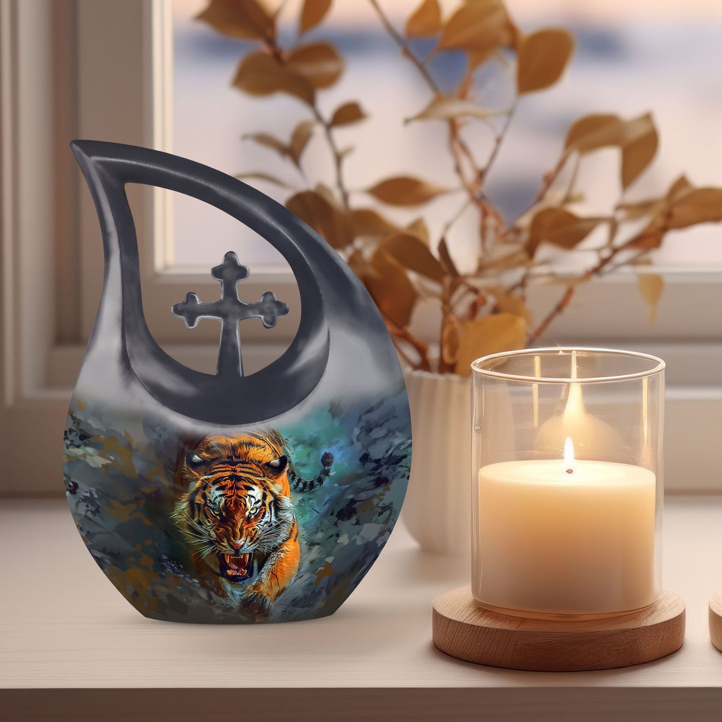 10-inch Tiger themed Custom Mom Urn, Cross Drop design, 