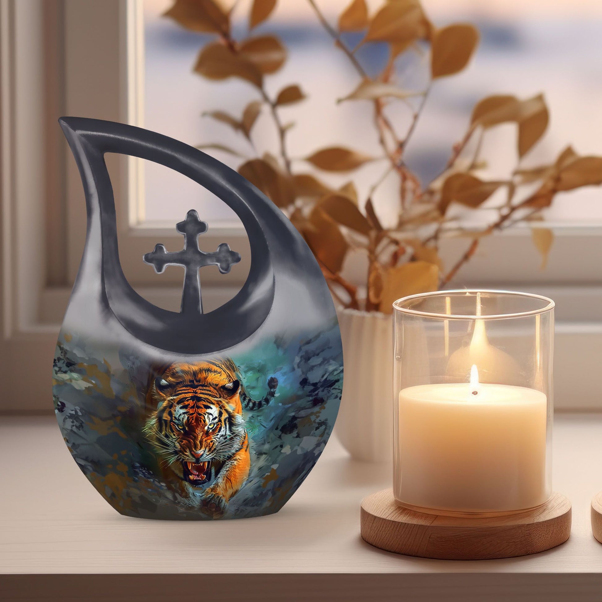10-inch Tiger themed Custom Mom Urn, Cross Drop design, 