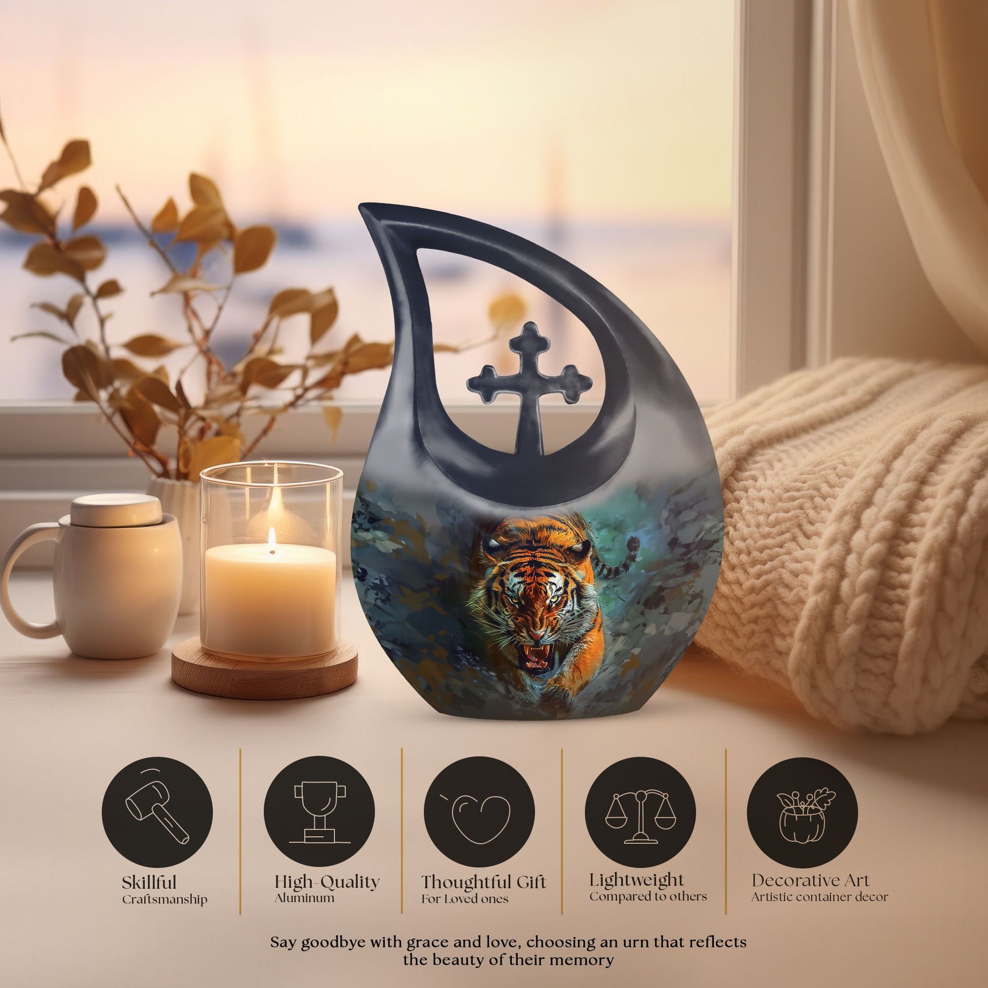 10-inch Tiger themed Custom Mom Urn, Cross Drop design, 
