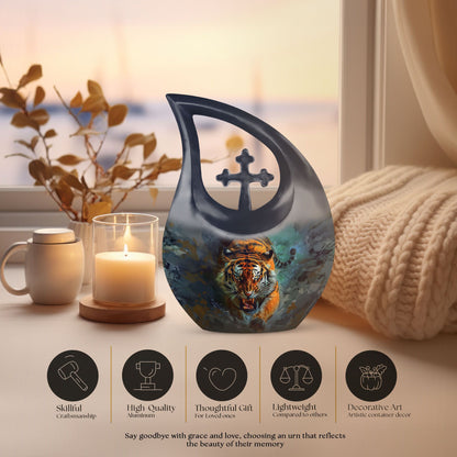 10-inch Tiger themed Custom Mom Urn, Cross Drop design, 