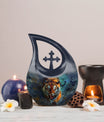 10-inch Tiger themed Custom Mom Urn, Cross Drop design, 