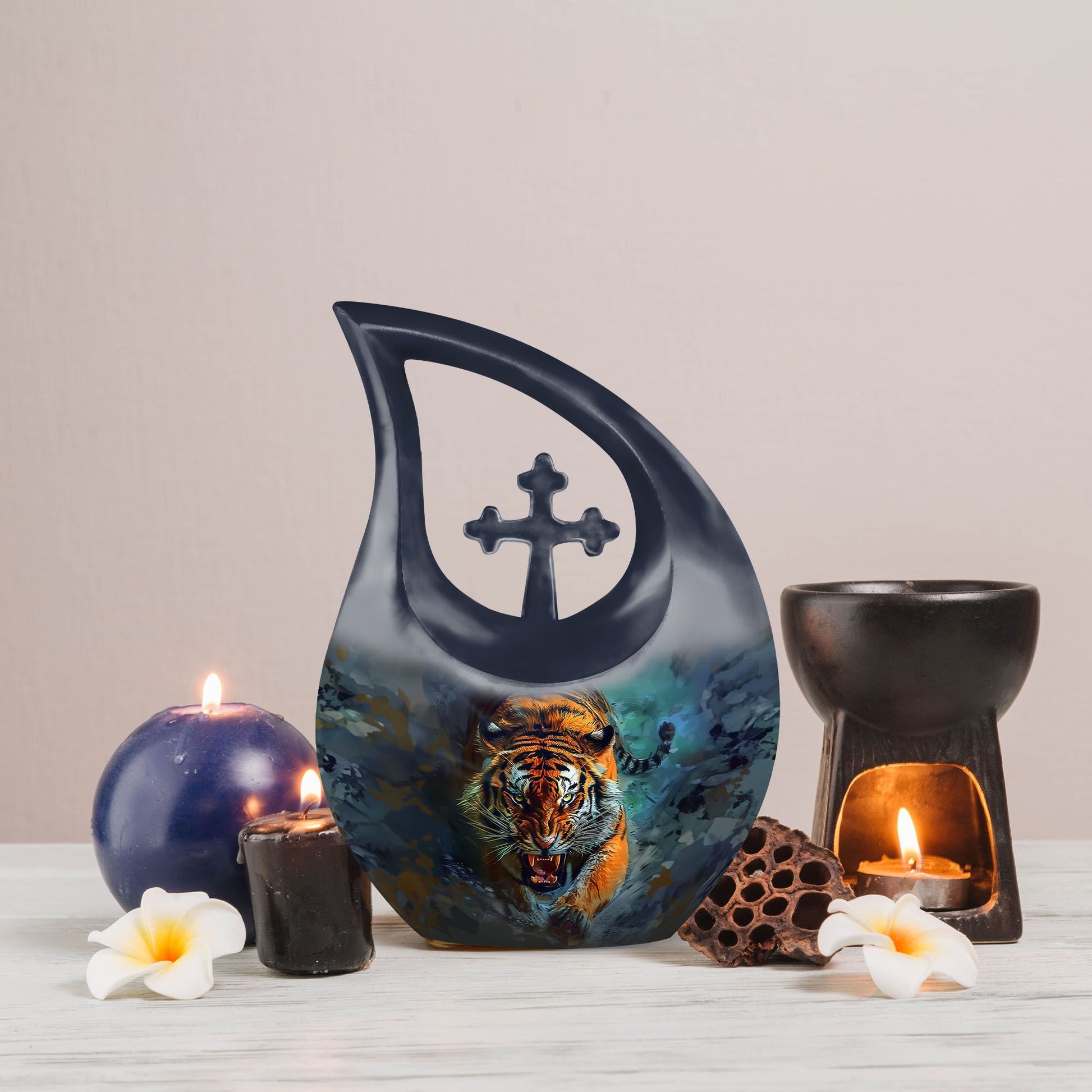 10-inch Tiger themed Custom Mom Urn, Cross Drop design, 