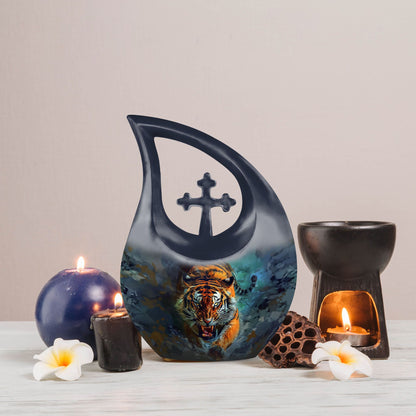10-inch Tiger themed Custom Mom Urn, Cross Drop design, 
