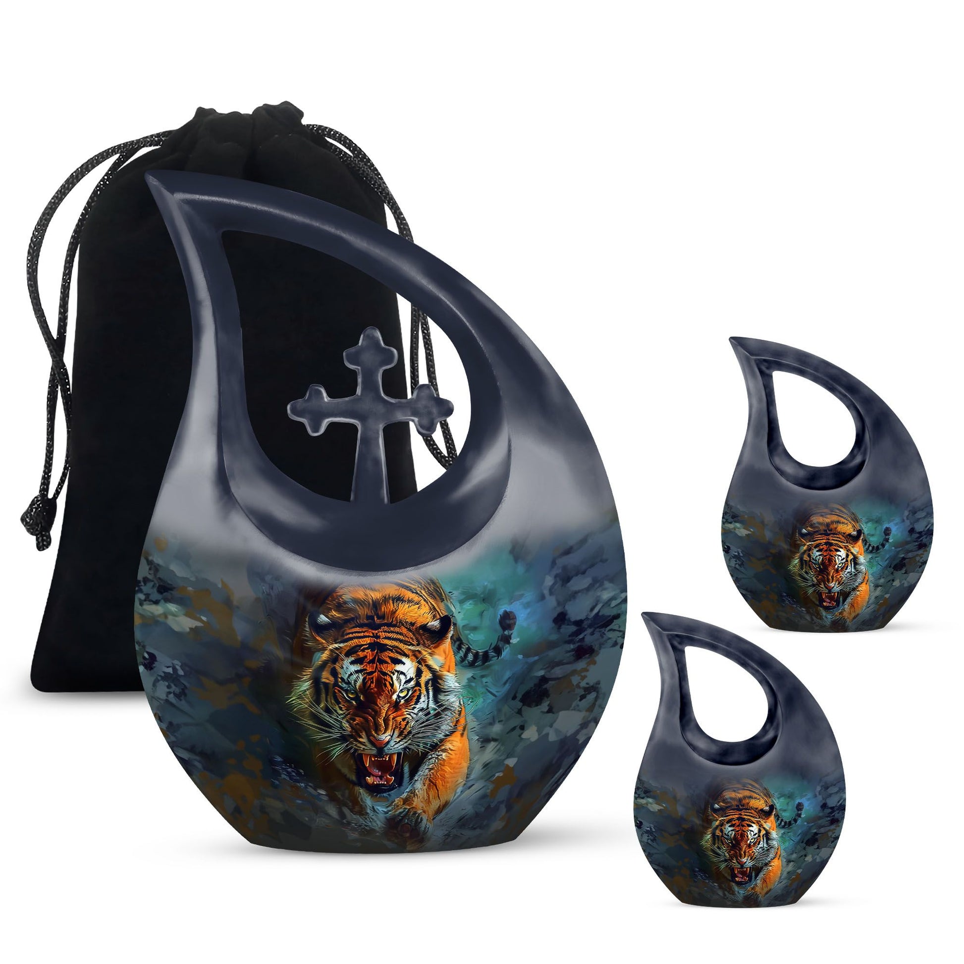 10-inch Tiger themed Custom Mom Urn, Cross Drop design, 