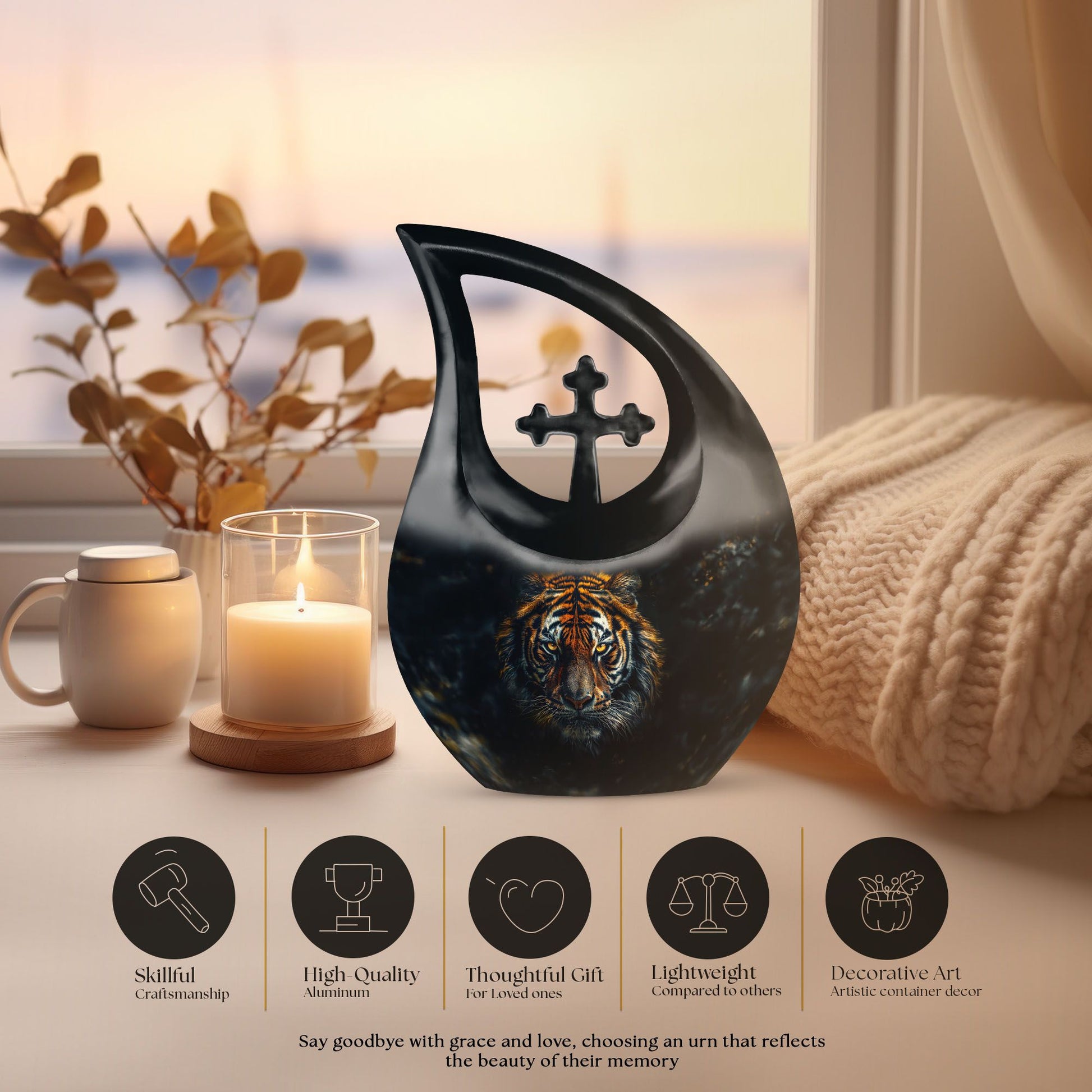10-inch Tiger themed aluminium All Faith Funeral Urn 
