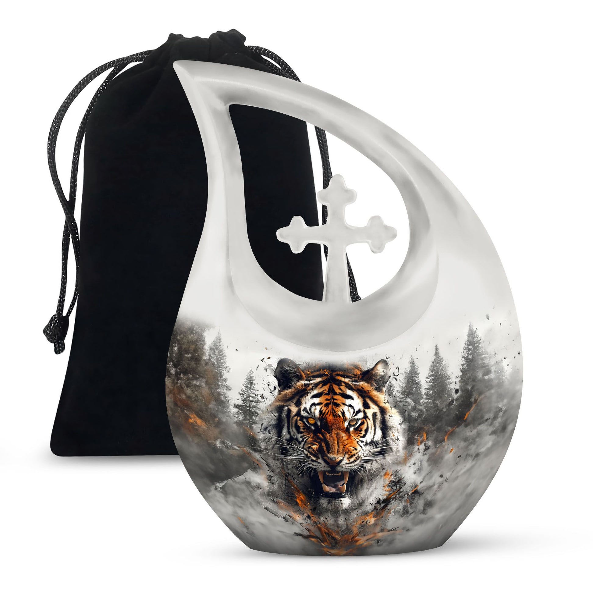 10 inch Tiger Themed Cross Drop Cremation Container,