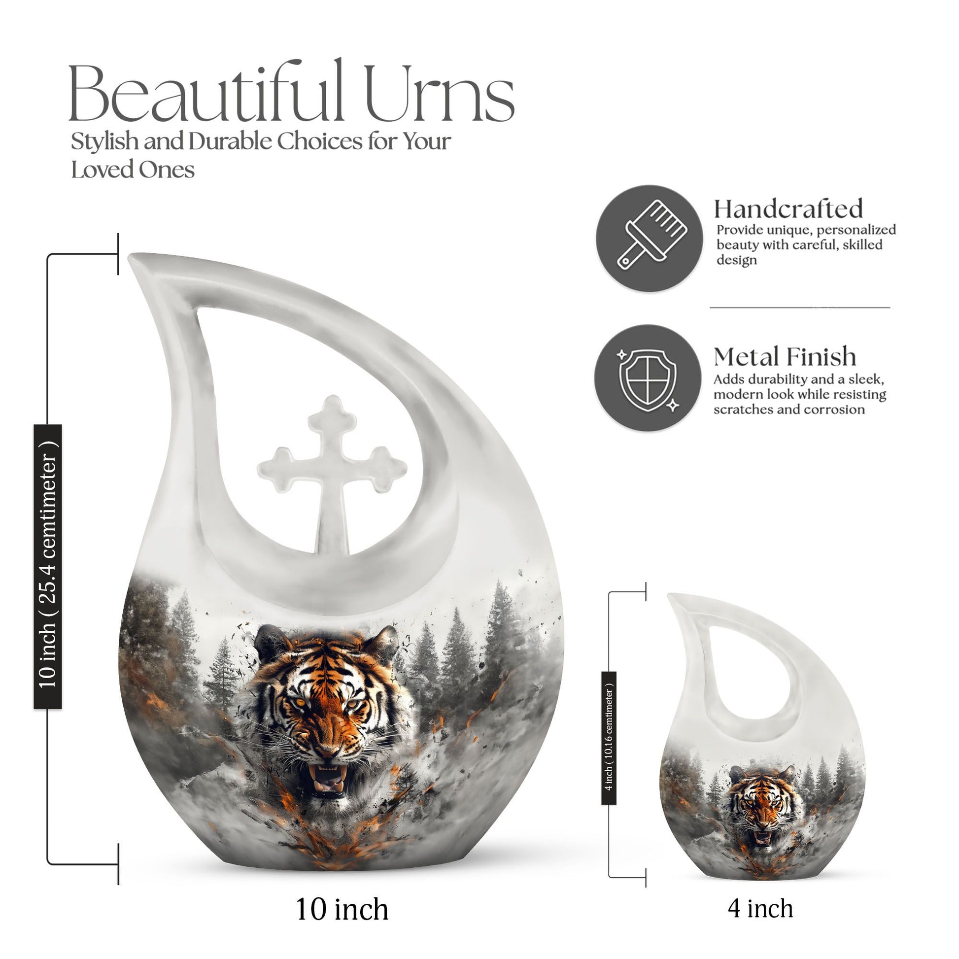 10 inch Tiger Themed Cross Drop Cremation Container,