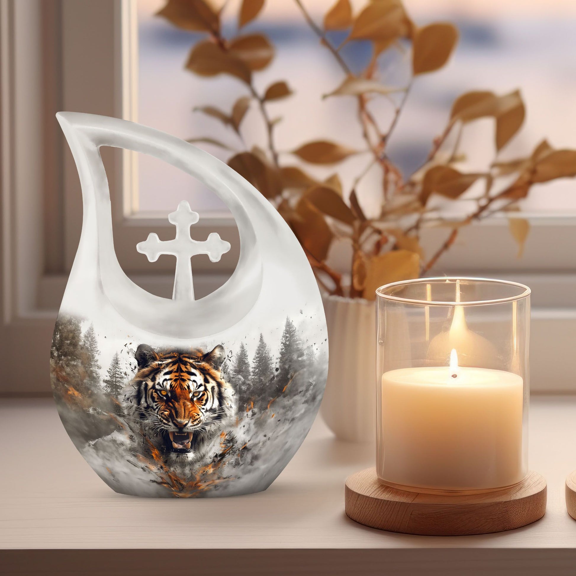 10 inch Tiger Themed Cross Drop Cremation Container,
