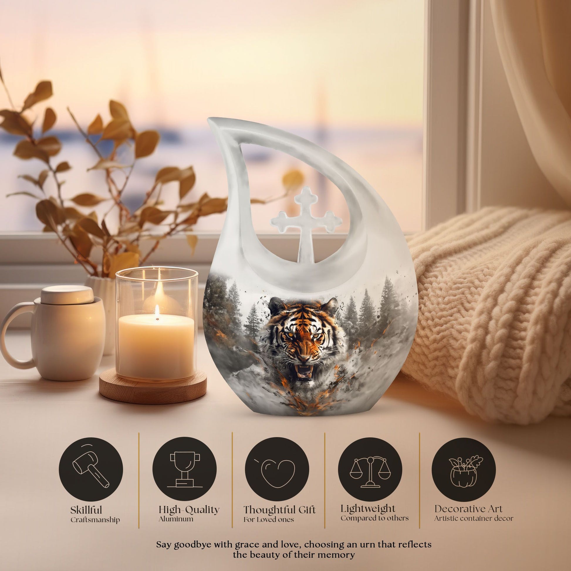 10 inch Tiger Themed Cross Drop Cremation Container,