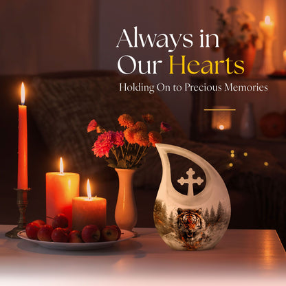 10 inch Tiger Themed Cross Drop Cremation Container,