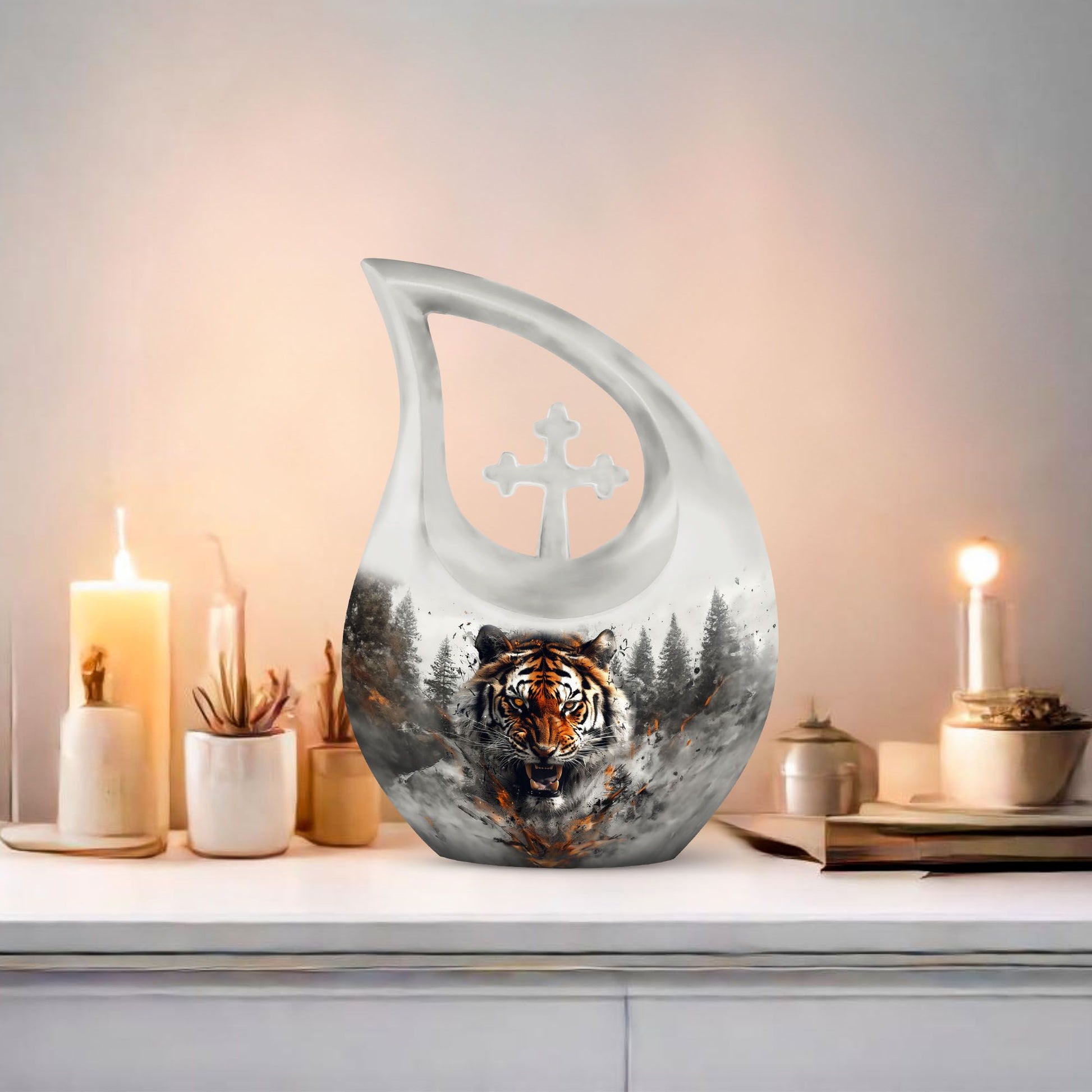 10 inch Tiger Themed Cross Drop Cremation Container,
