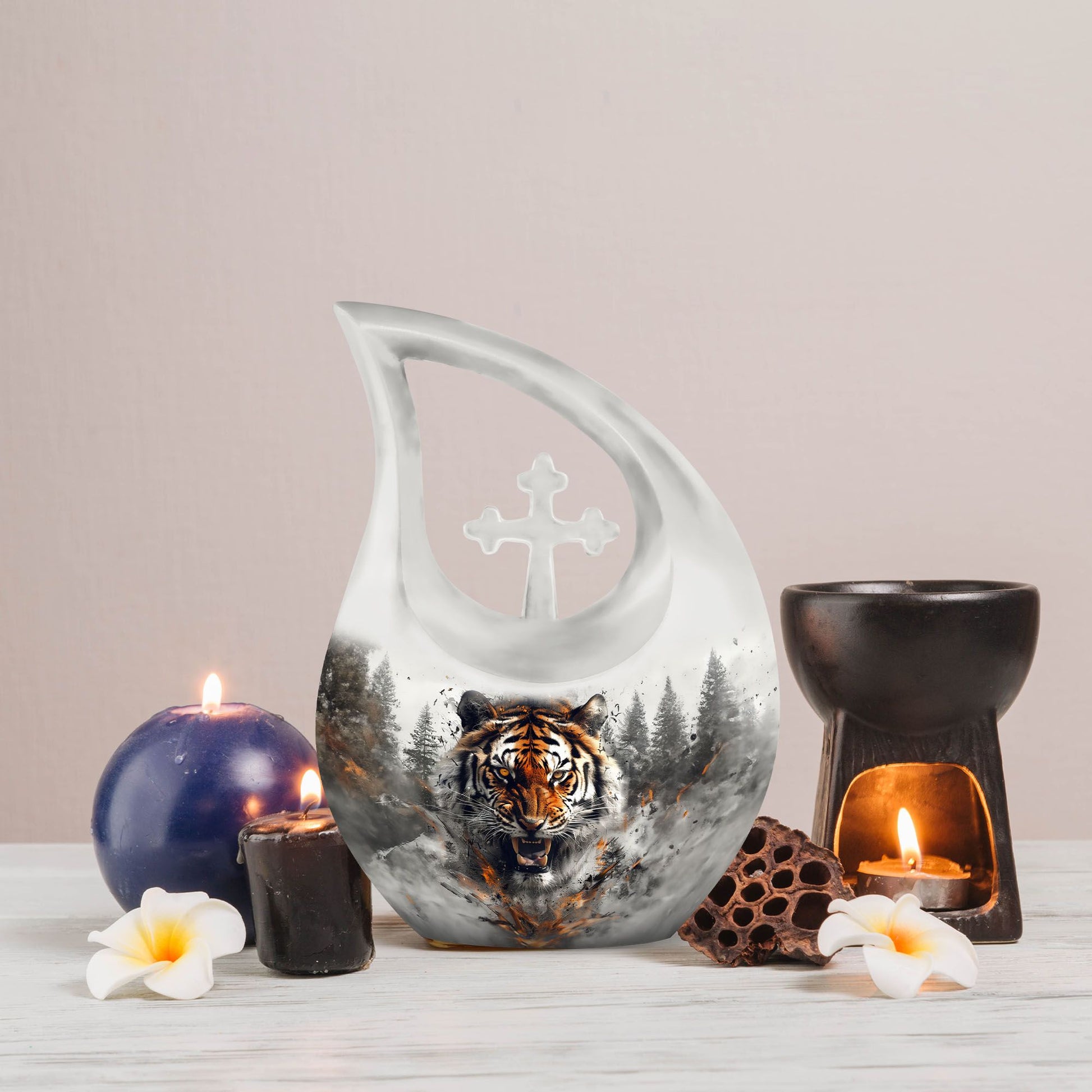 10 inch Tiger Themed Cross Drop Cremation Container,