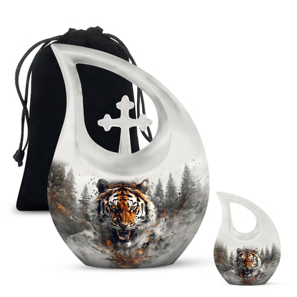 10 inch Tiger Themed Cross Drop Cremation Container,