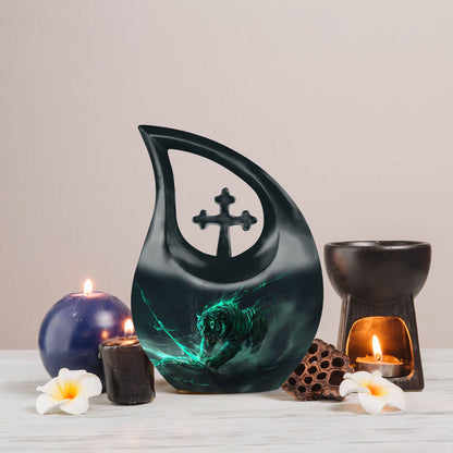10-inch Tiger themed Cross Drop Urn for Dad