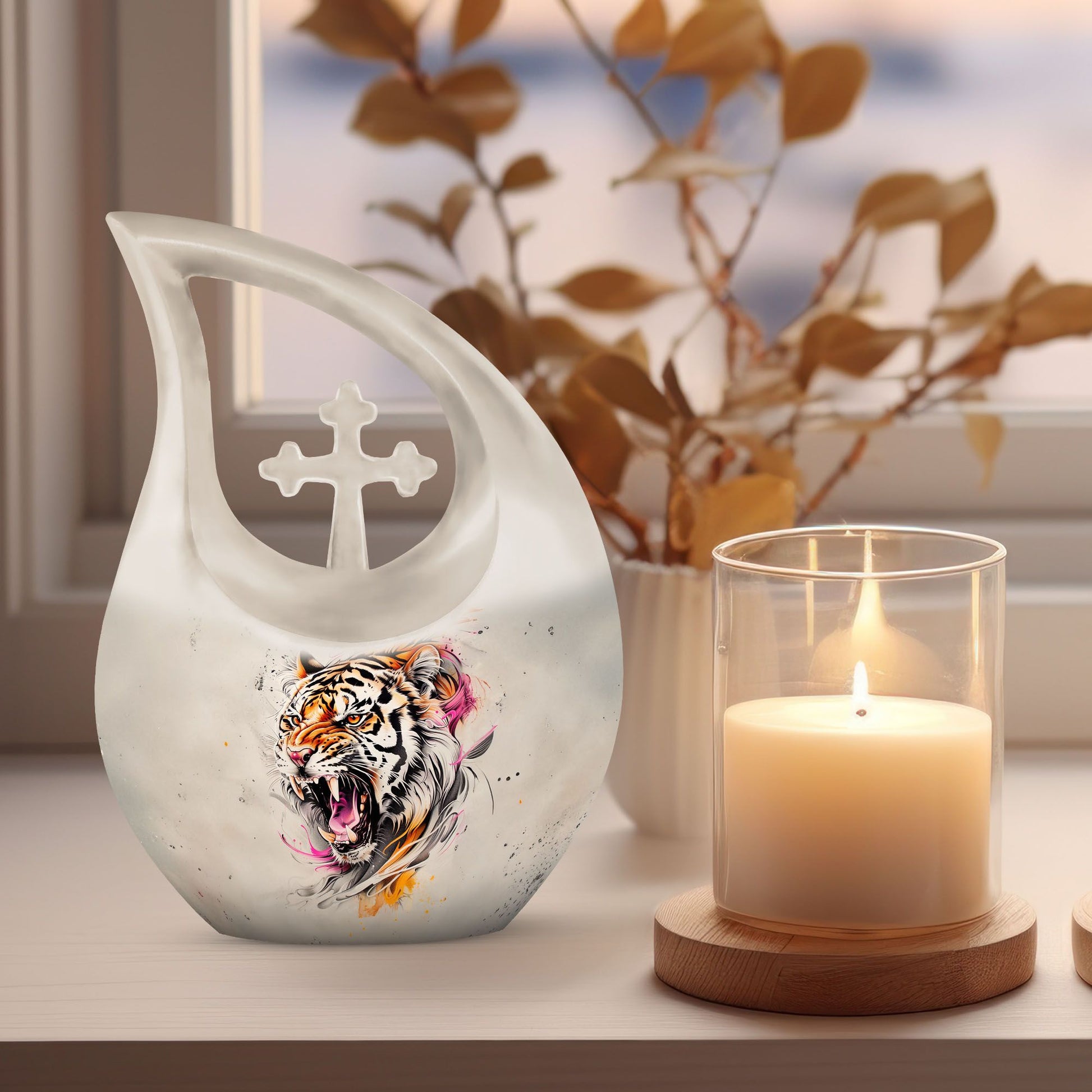 10-inch Tiger themed Cross Drop Design Unique Urn for Dad,