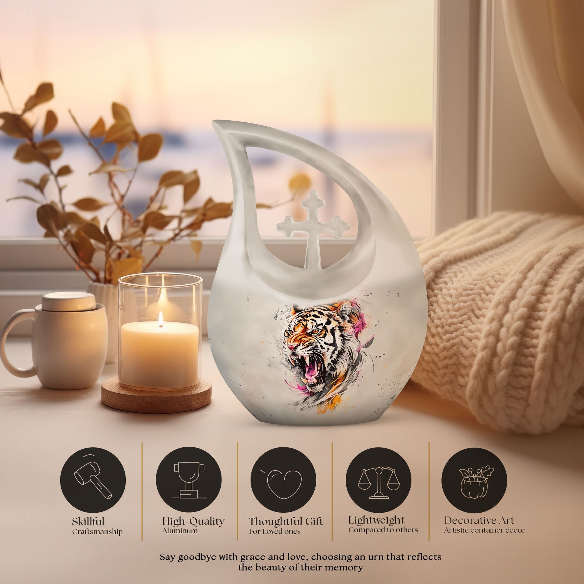 10-inch Tiger themed Cross Drop Design Unique Urn for Dad,