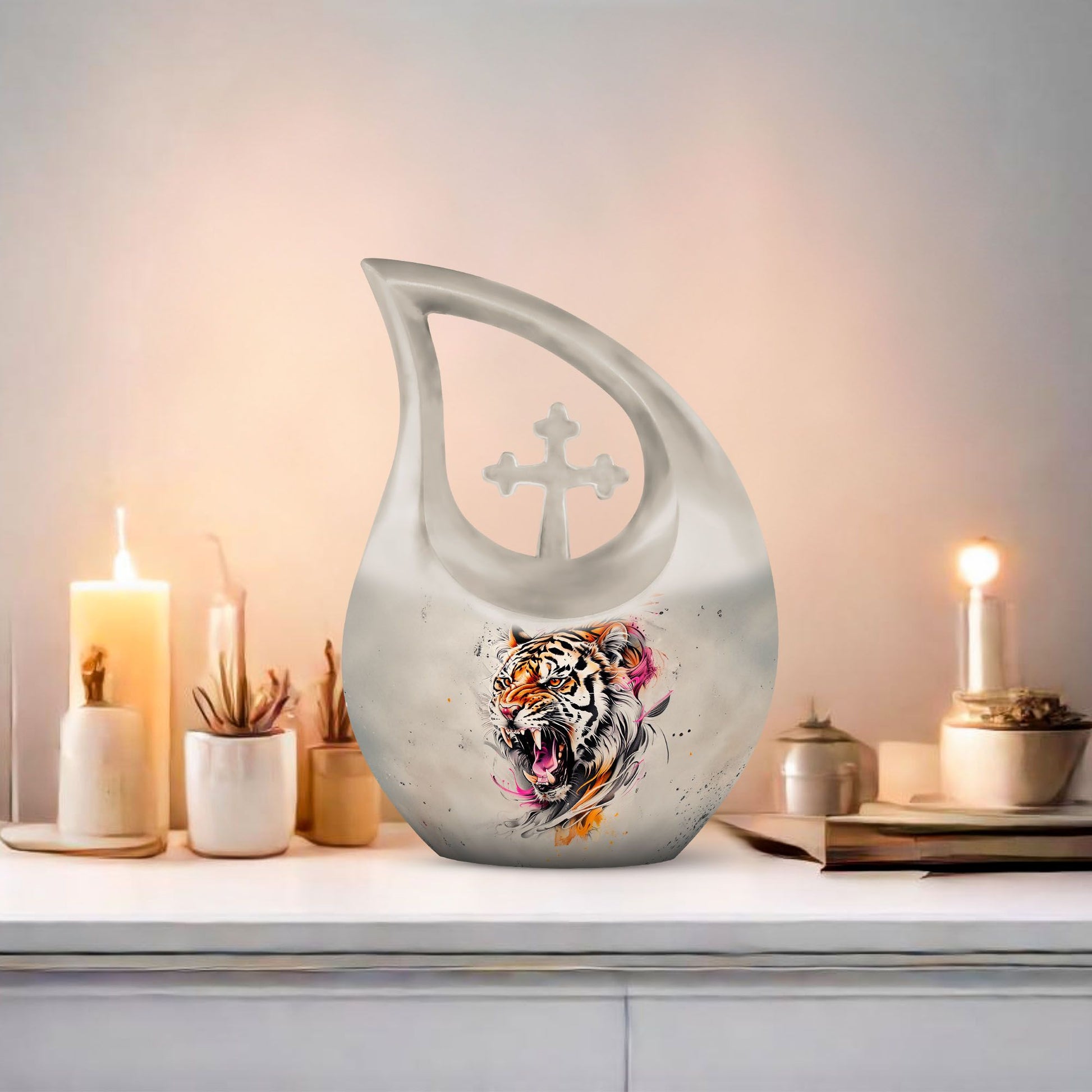 10-inch Tiger themed Cross Drop Design Unique Urn for Dad,